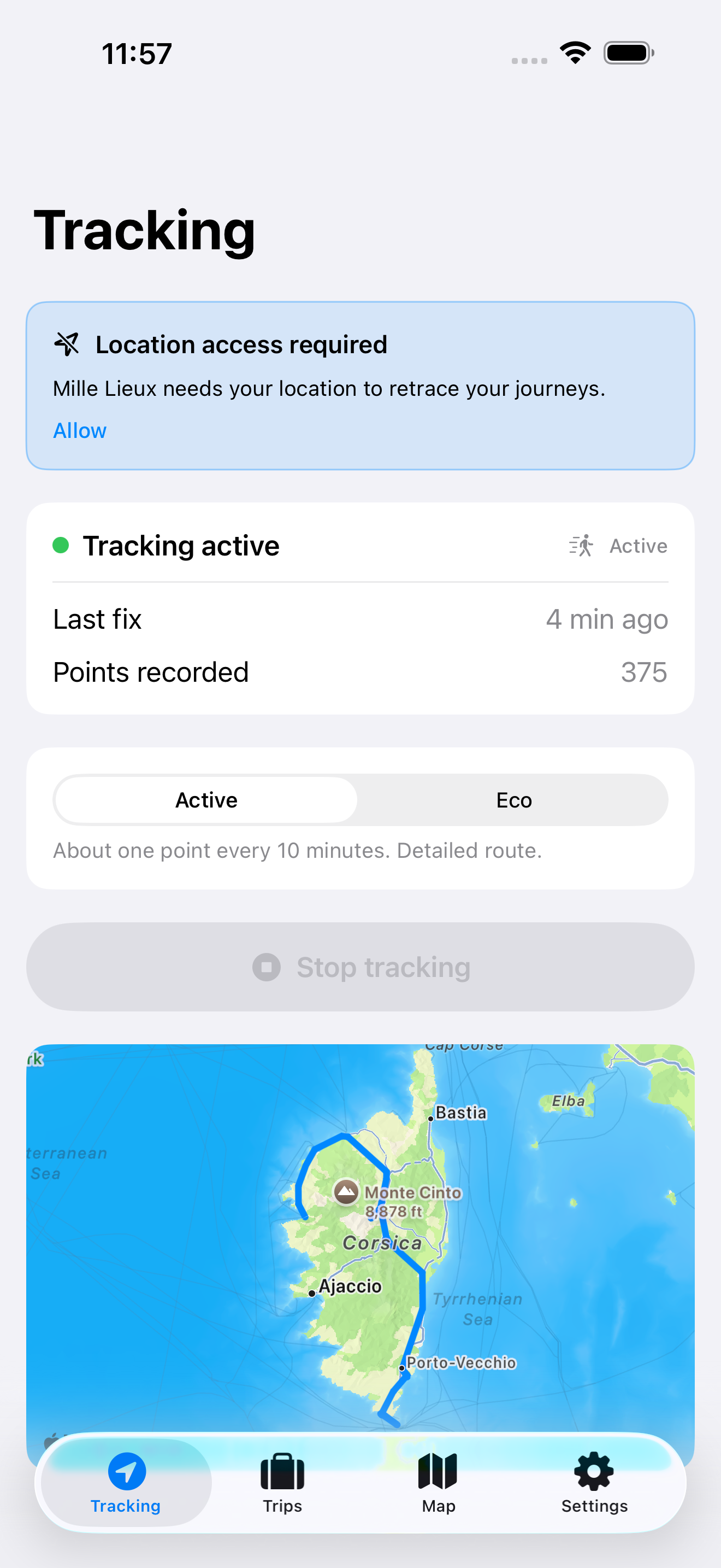 Mille Lieux tracking screen with active recording and the live route on the map
