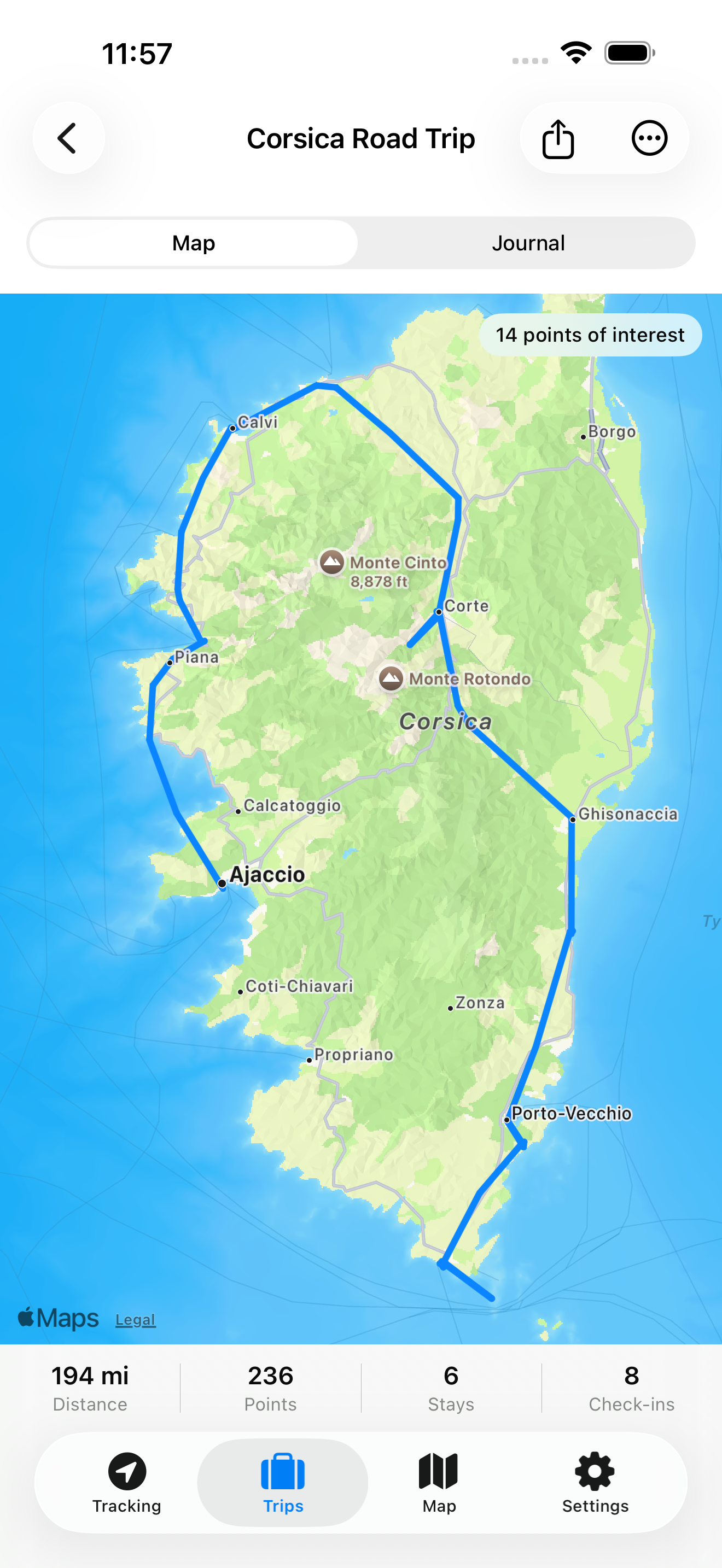 Mille Lieux trip map showing a full route across Corsica