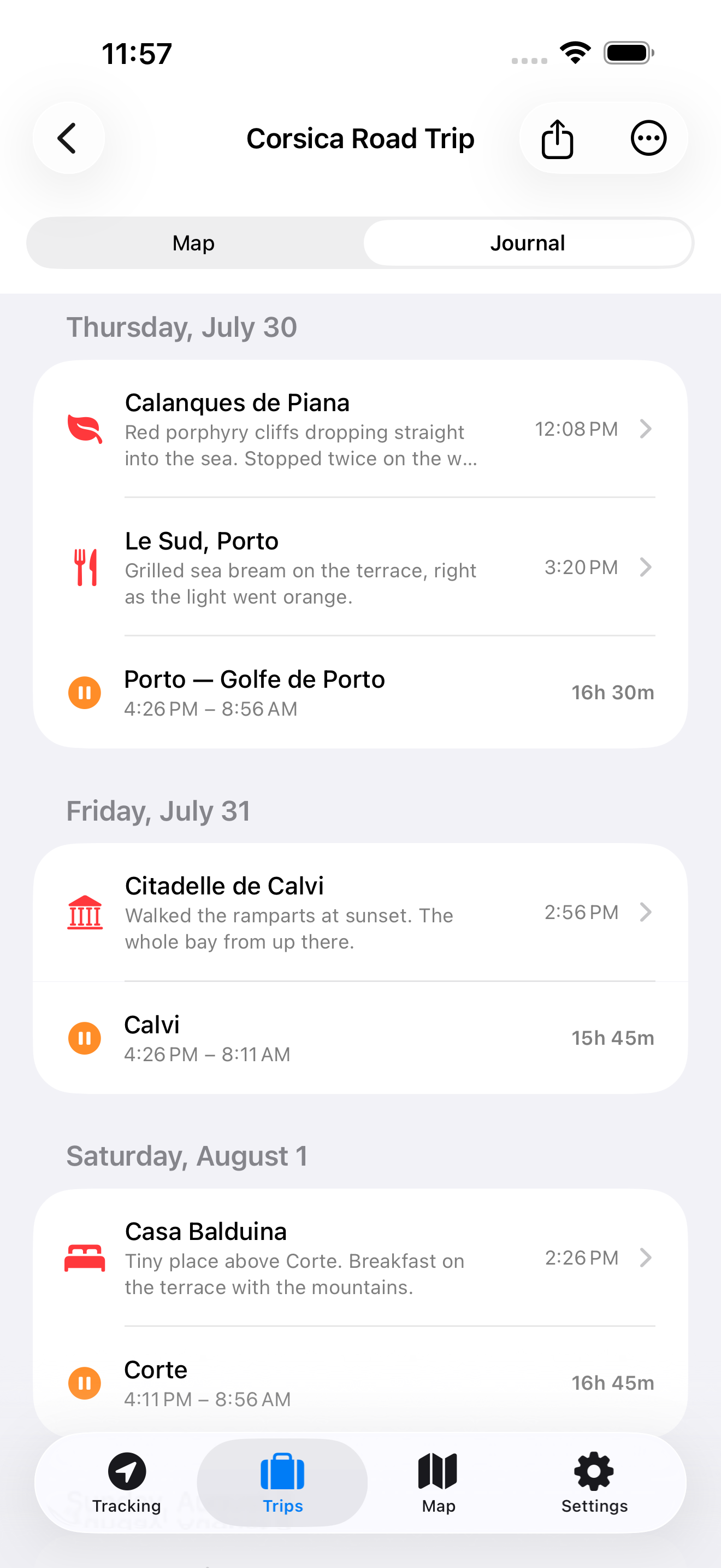 Mille Lieux trip journal with day-by-day stops, meals, and stays