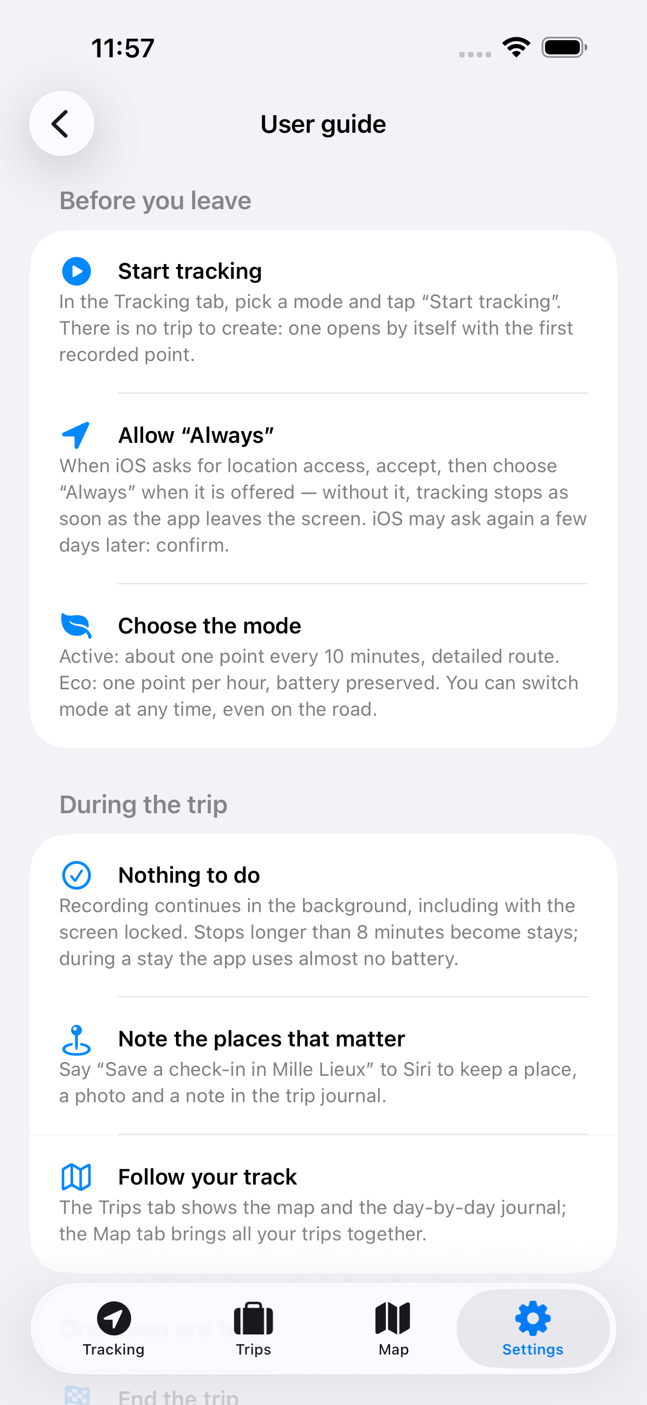 Mille Lieux user guide explaining tracking modes and Siri shortcuts