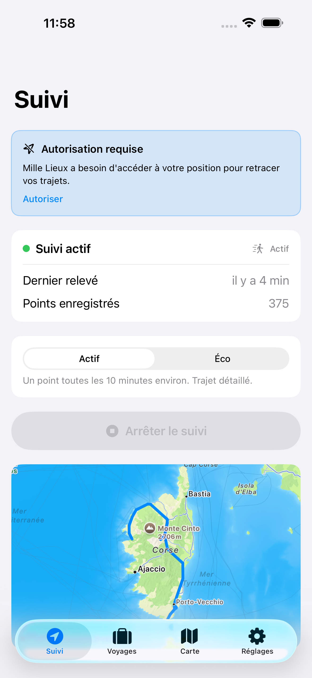 Écran de suivi Mille Lieux avec l'enregistrement actif et le tracé en direct sur la carte