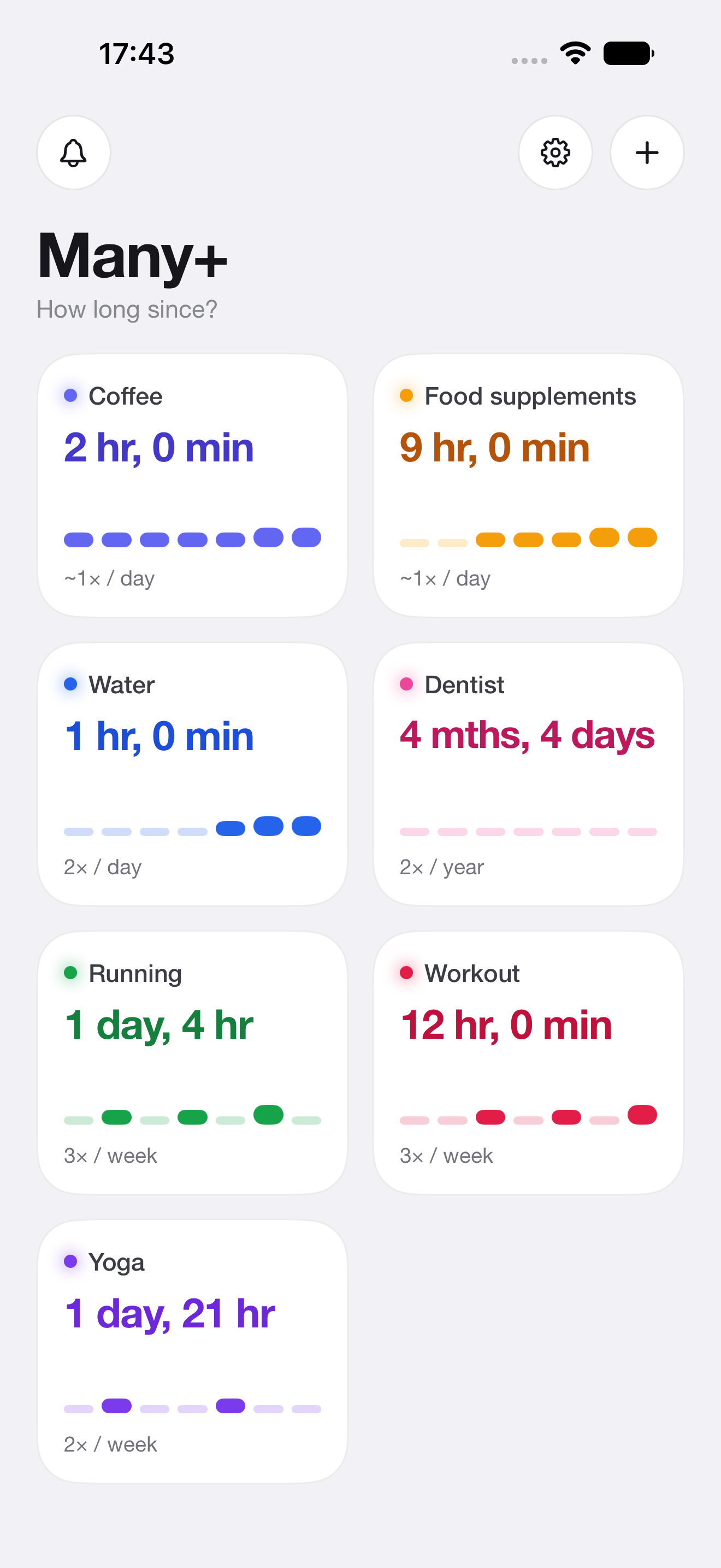 Many+ home screen showing colorful tracker tiles