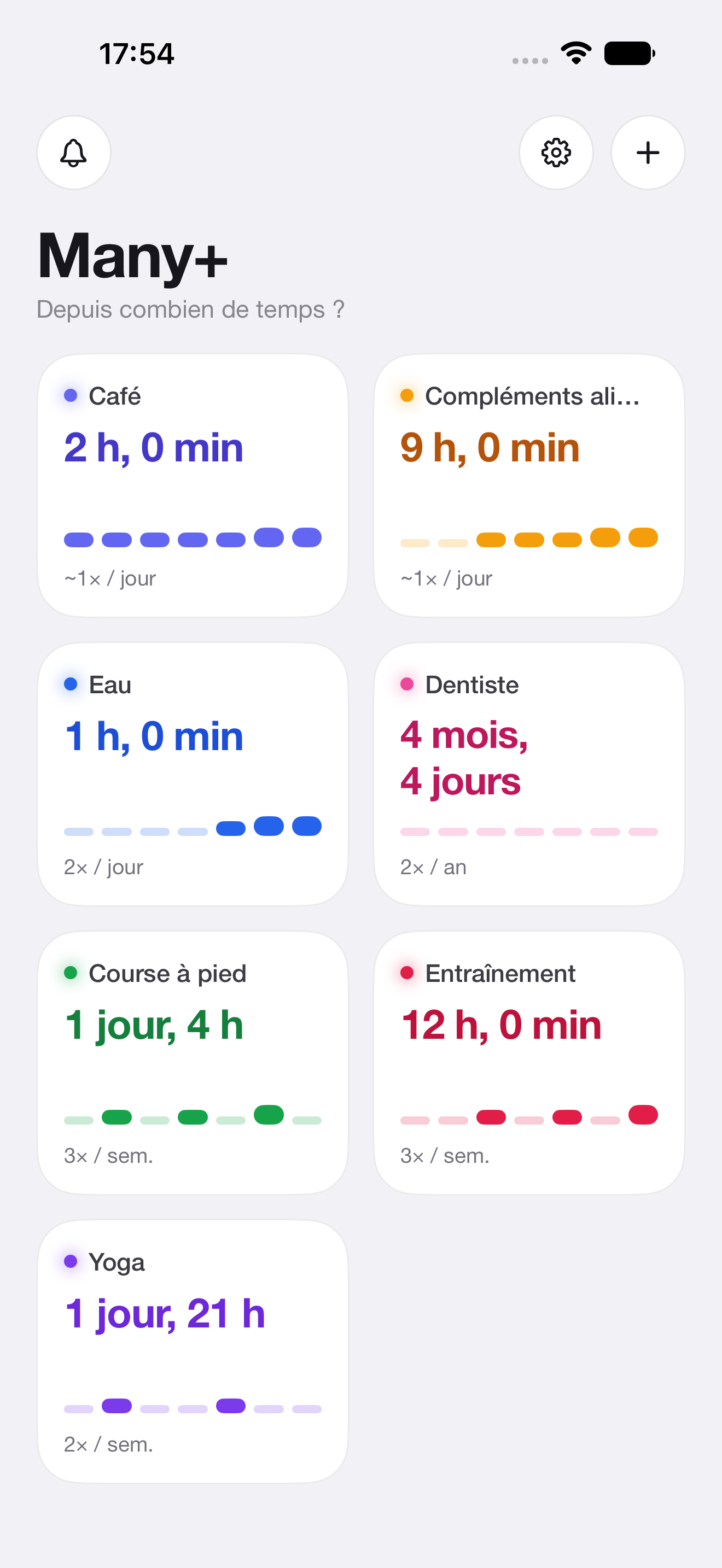 Écran d'accueil Many+ avec les tuiles colorées