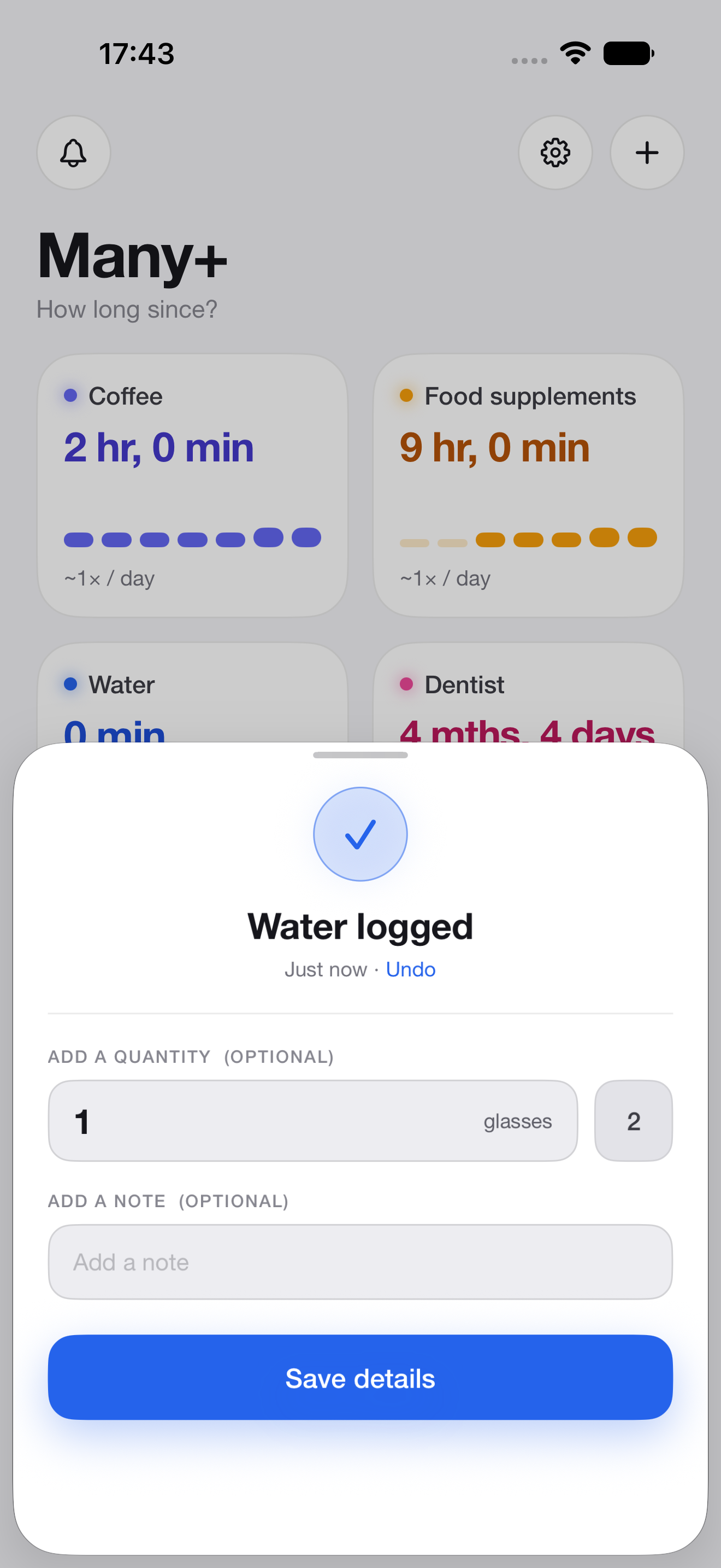Many+ quick log with quantity and note