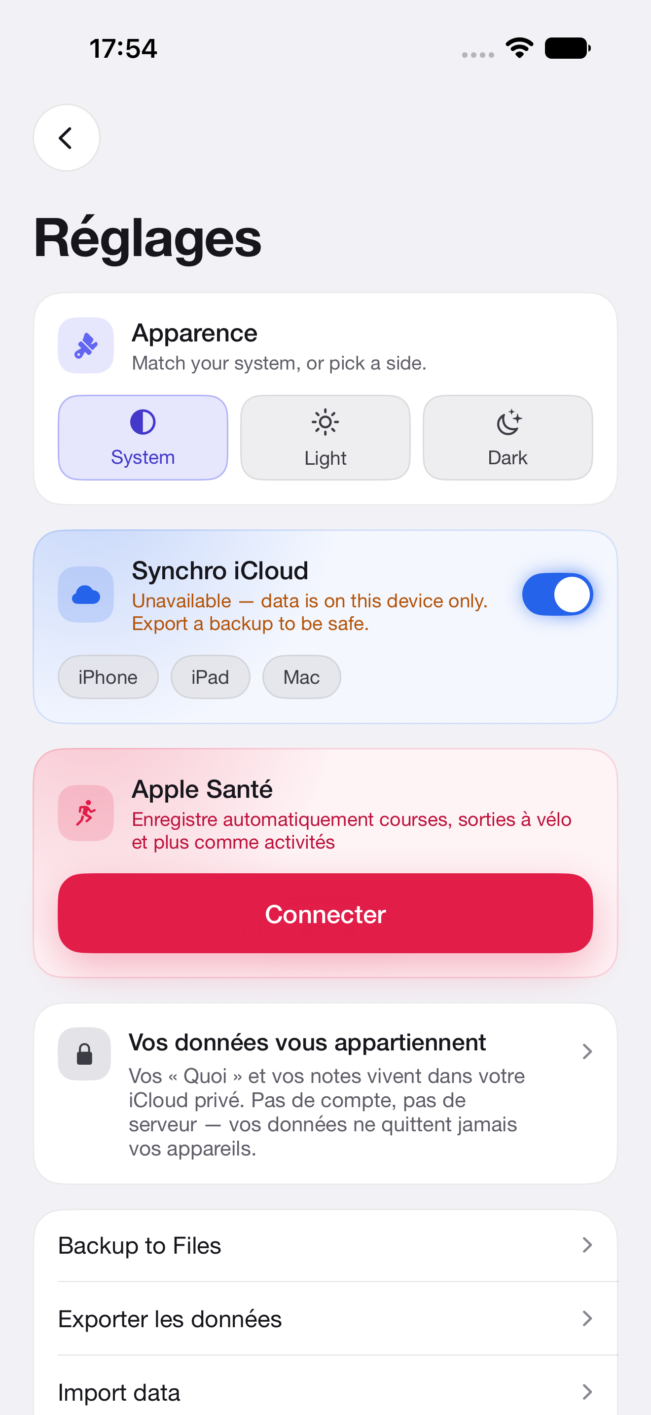 Réglages Many+ avec synchronisation iCloud