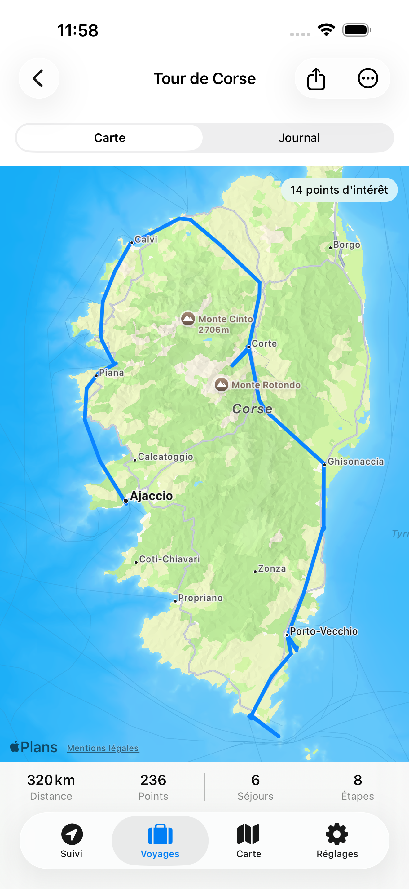 Carte d'un voyage Mille Lieux montrant un itinéraire complet en Corse