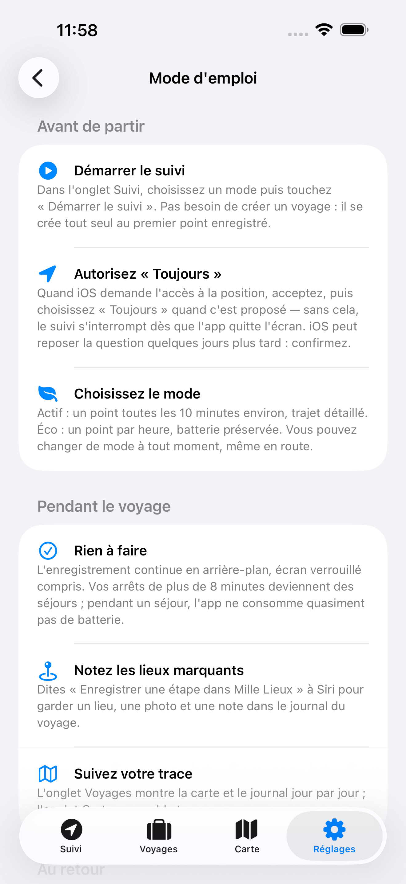 Guide d'utilisation Mille Lieux expliquant les modes de suivi et les raccourcis Siri